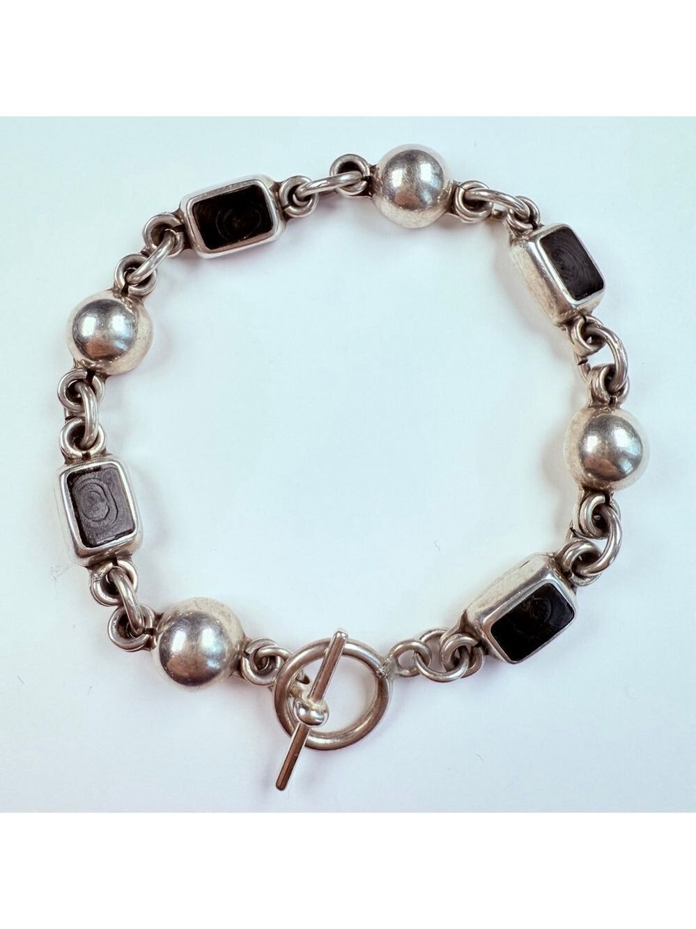 Modernist Petrified Fossilized Wood Ball Chain Sterling Silver 925 VTG Bracelet